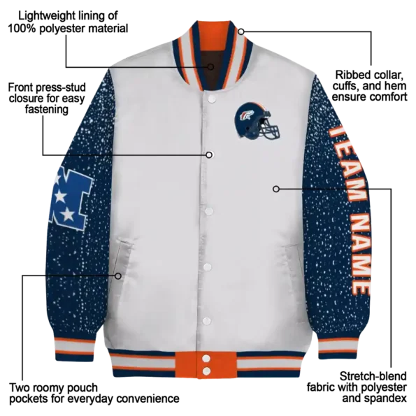 personalized denver broncos speckled arms orange gray varsity jacket new arrival.webp
