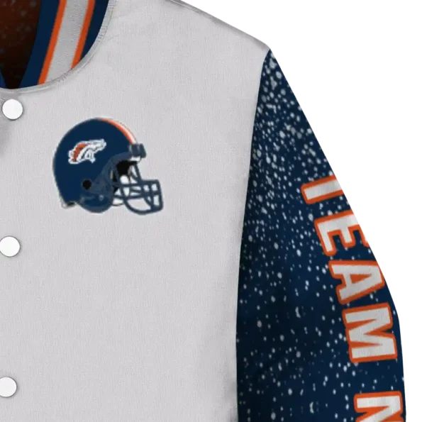personalized denver broncos speckled arms orange gray varsity jacket premium grade.webp