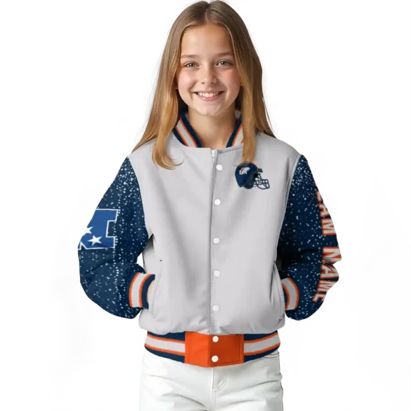 personalized denver broncos speckled arms orange gray varsity jacket top rated.webp