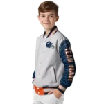 personalized denver broncos speckled arms orange gray varsity jacket best selling.webp