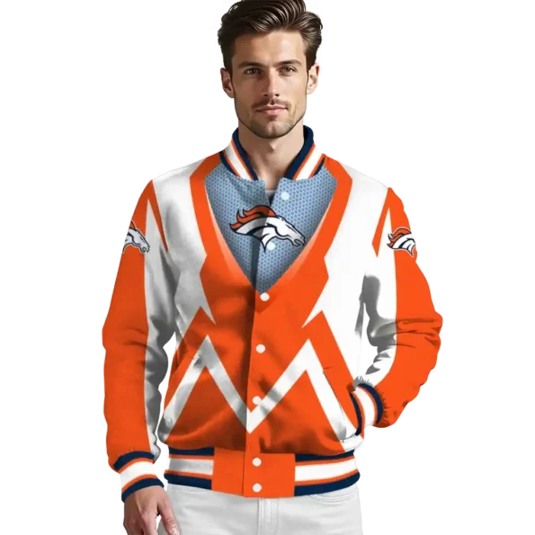 personalized denver broncos v stripes orange white varsity jacket high quality.webp