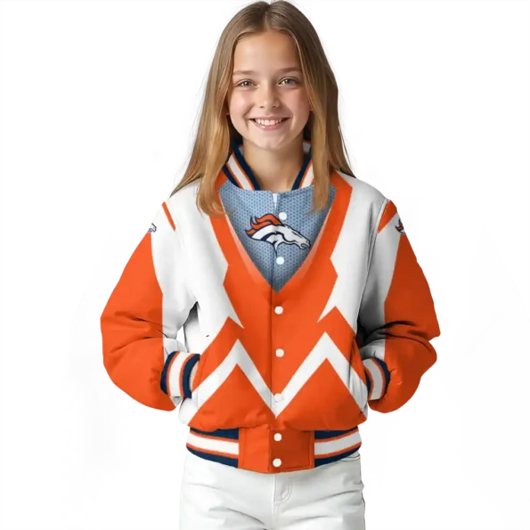 personalized denver broncos v stripes orange white varsity jacket top rated.webp