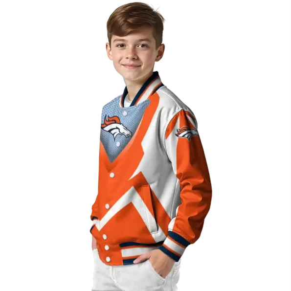 personalized denver broncos v stripes orange white varsity jacket trendy.webp