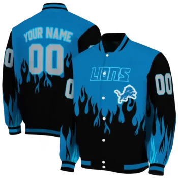 personalized detroit lions flame border blue black varsity jacket fashion forward.webp