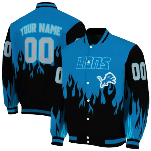 personalized detroit lions flame border blue black varsity jacket fashion forward.webp