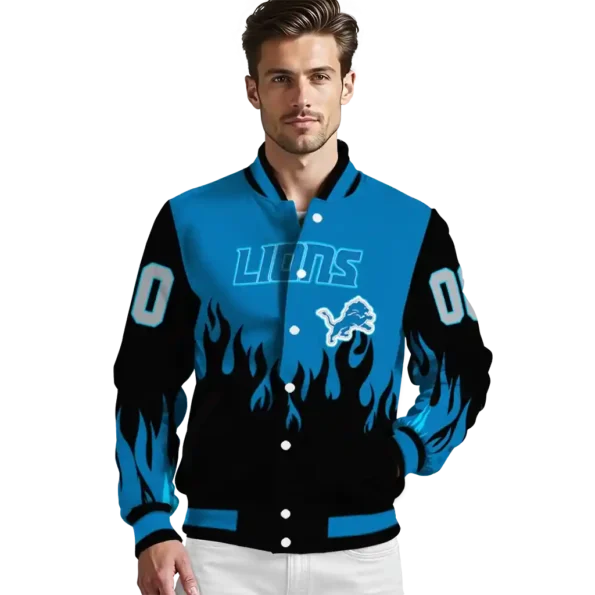 personalized detroit lions flame border blue black varsity jacket high quality.webp