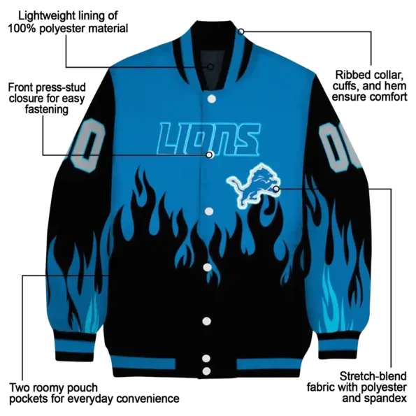 personalized detroit lions flame border blue black varsity jacket new arrival.webp