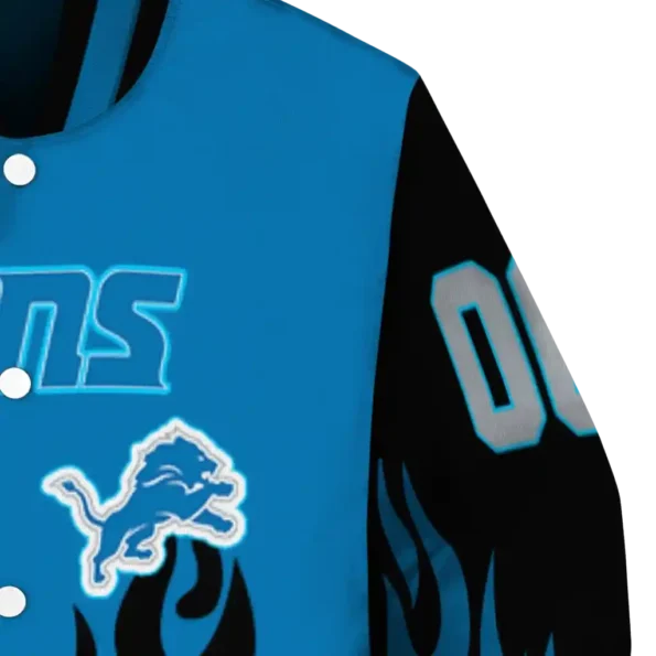 personalized detroit lions flame border blue black varsity jacket premium grade.webp