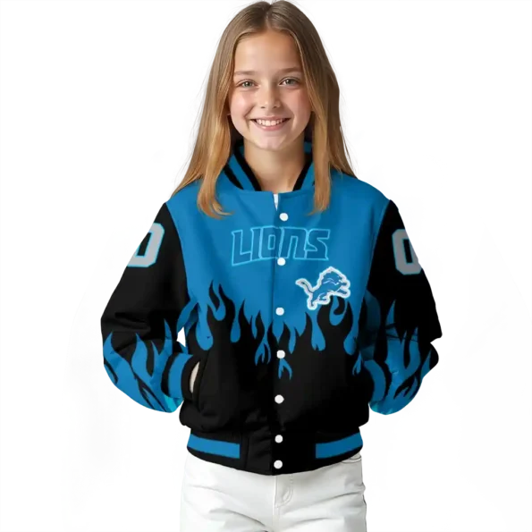 personalized detroit lions flame border blue black varsity jacket top rated.webp