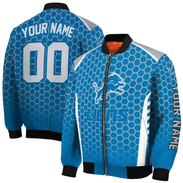 personalized detroit lions hexagon grid blue bomber jacket fashion forward
