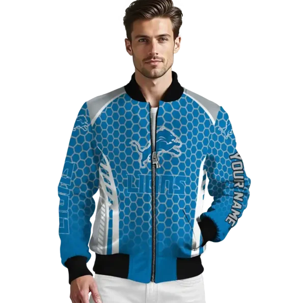 personalized detroit lions hexagon grid blue bomber jacket high quality