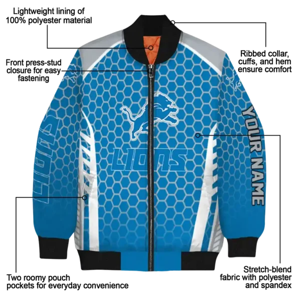 personalized detroit lions hexagon grid blue bomber jacket new arrival