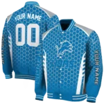 personalized detroit lions hexagon grid blue varsity jacket best selling.webp