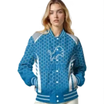 personalized detroit lions hexagon grid blue varsity jacket best selling.webp