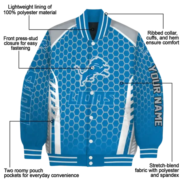 personalized detroit lions hexagon grid blue varsity jacket new arrival.webp