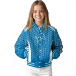 personalized detroit lions hexagon grid blue varsity jacket best selling.webp