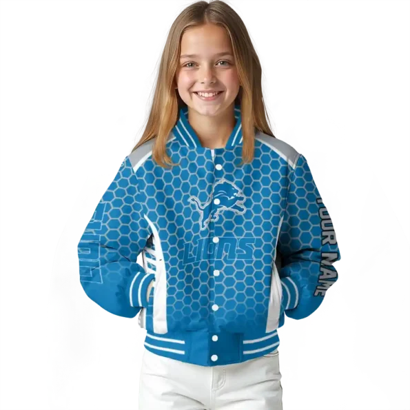 personalized detroit lions hexagon grid blue varsity jacket top rated.webp