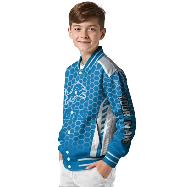 personalized detroit lions hexagon grid blue varsity jacket trendy.webp
