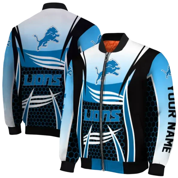 personalized detroit lions mesh effect blue black bomber jacket fashion forward