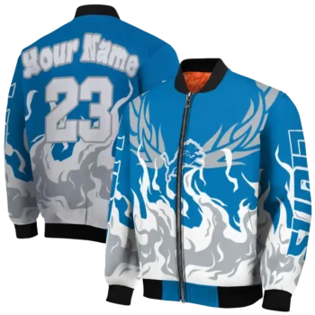 personalized detroit lions winged blaze blue white bomber jacket fashion forward