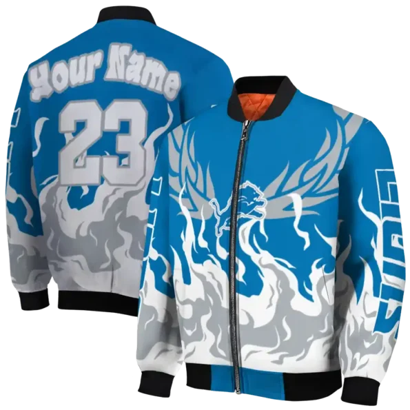 personalized detroit lions winged blaze blue white bomber jacket fashion forward