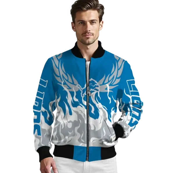 personalized detroit lions winged blaze blue white bomber jacket high quality