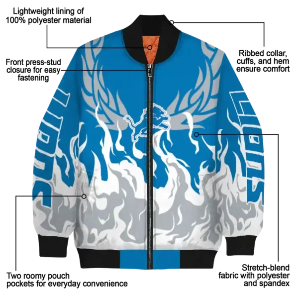 personalized detroit lions winged blaze blue white bomber jacket new arrival