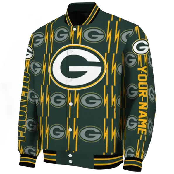 personalized green bay packers bolt stripe green varsity jacket best selling.webp