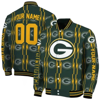 personalized green bay packers bolt stripe green varsity jacket fashion forward.webp