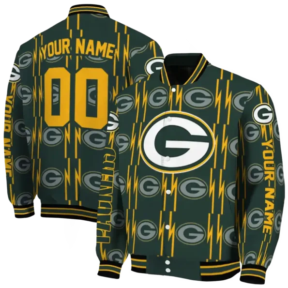 personalized green bay packers bolt stripe green varsity jacket fashion forward.webp