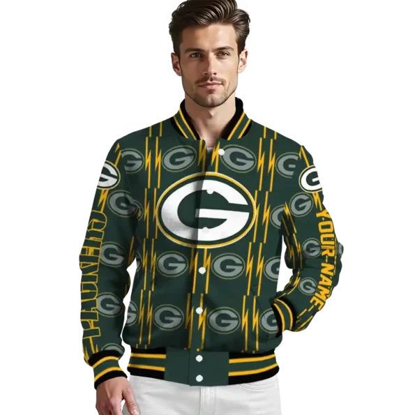 personalized green bay packers bolt stripe green varsity jacket high quality.webp