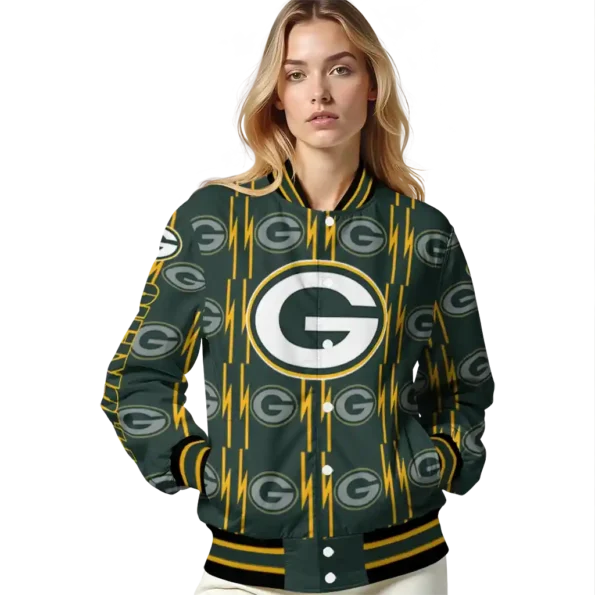 personalized green bay packers bolt stripe green varsity jacket latest model.webp