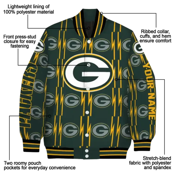 personalized green bay packers bolt stripe green varsity jacket new arrival.webp