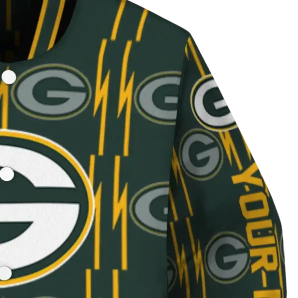 personalized green bay packers bolt stripe green varsity jacket premium grade.webp