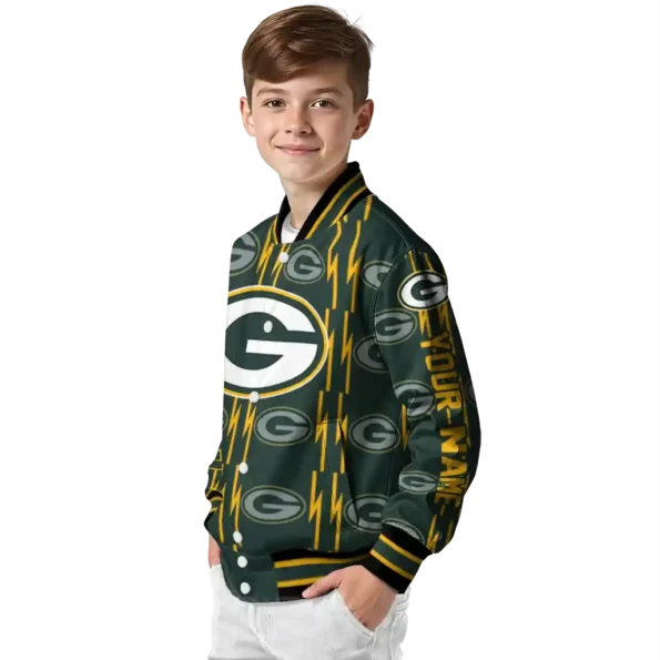 personalized green bay packers bolt stripe green varsity jacket trendy.webp