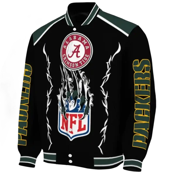 personalized green bay packers claw blood green black varsity jacket best selling.webp