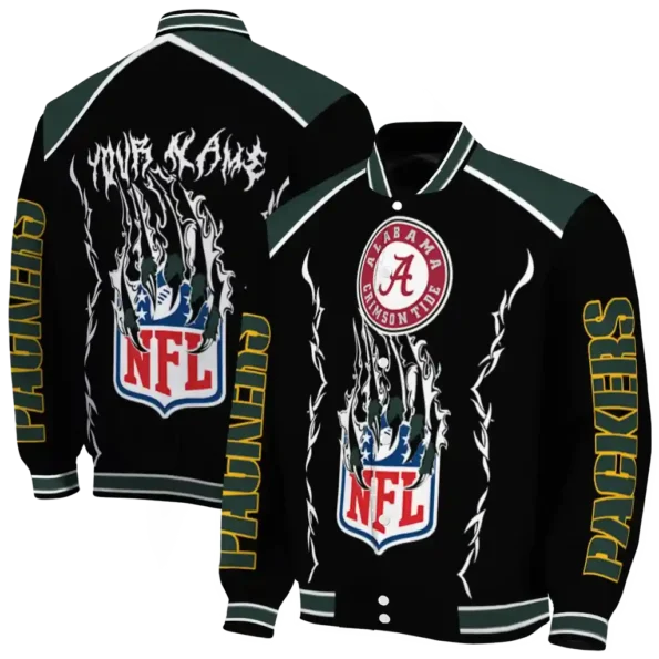 personalized green bay packers claw blood green black varsity jacket fashion forward.webp