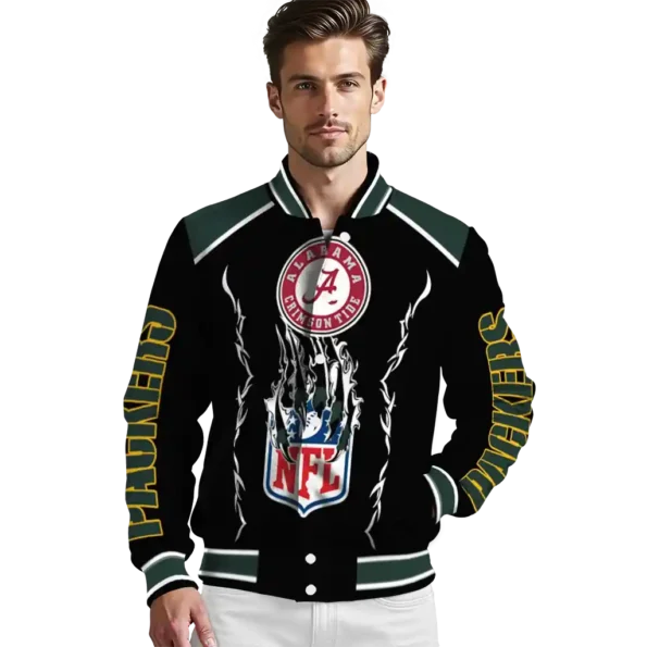 personalized green bay packers claw blood green black varsity jacket high quality.webp