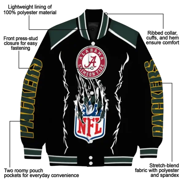 personalized green bay packers claw blood green black varsity jacket new arrival.webp