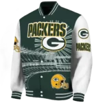 personalized green bay packers ferris arena green white varsity jacket best selling.webp