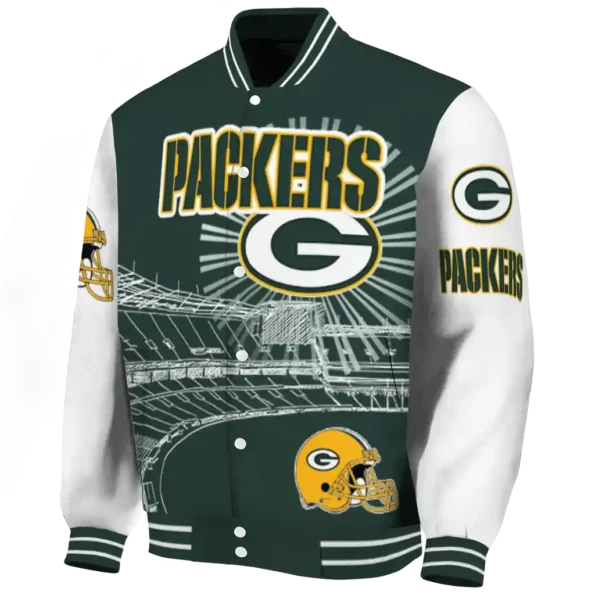personalized green bay packers ferris arena green white varsity jacket best selling.webp