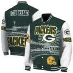 personalized green bay packers ferris arena green white varsity jacket best selling.webp