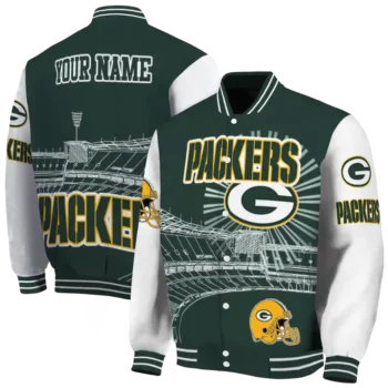 personalized green bay packers ferris arena green white varsity jacket fashion forward.webp