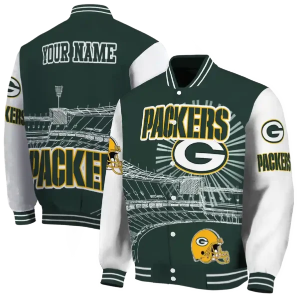 personalized green bay packers ferris arena green white varsity jacket fashion forward.webp