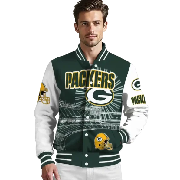 personalized green bay packers ferris arena green white varsity jacket high quality.webp