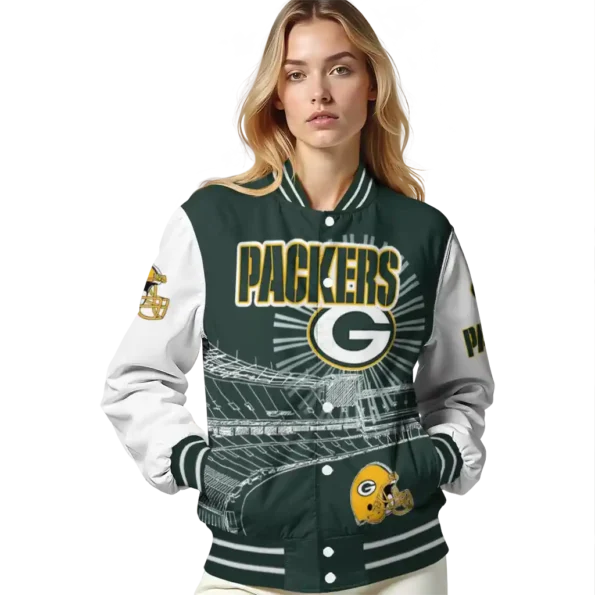 personalized green bay packers ferris arena green white varsity jacket latest model.webp