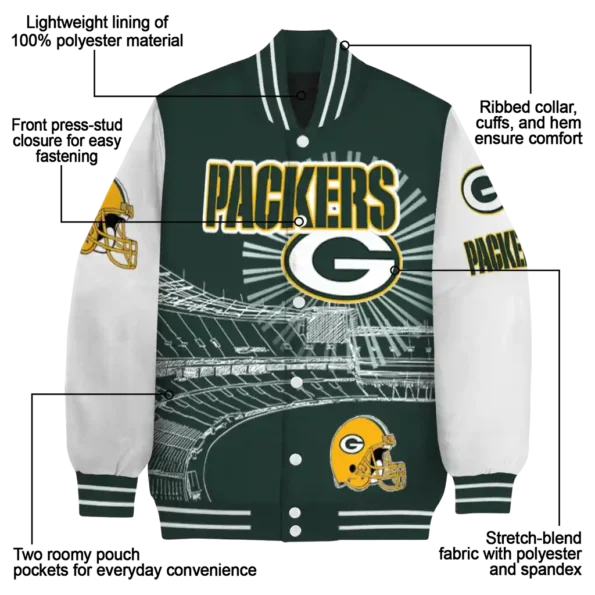 personalized green bay packers ferris arena green white varsity jacket new arrival.webp