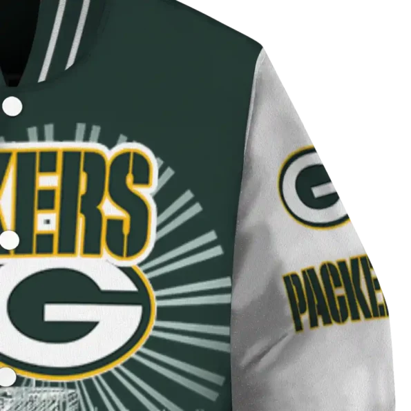 personalized green bay packers ferris arena green white varsity jacket premium grade.webp