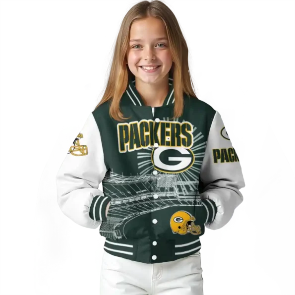 personalized green bay packers ferris arena green white varsity jacket top rated.webp