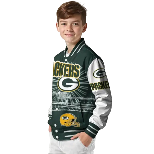 personalized green bay packers ferris arena green white varsity jacket trendy.webp